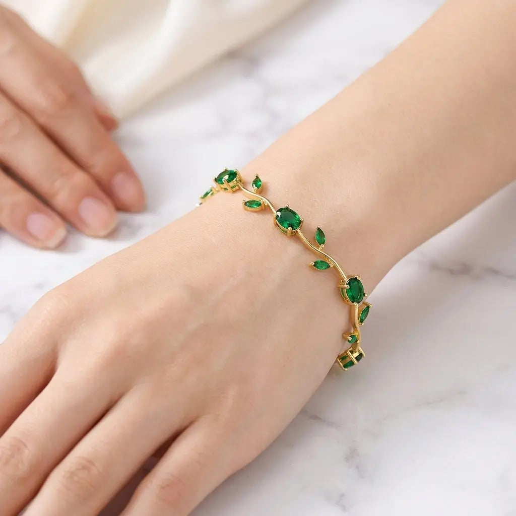 18K Gold Plated Emerald Green Tulip Vine Bracelet