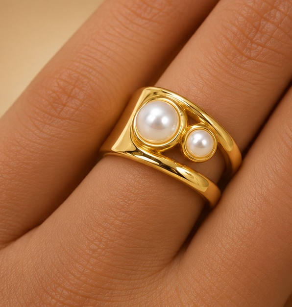 18K Gold-Plated Dual Pearl Modern Statement Ring