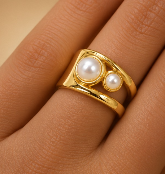 18K Gold-Plated Dual Pearl Modern Statement Ring