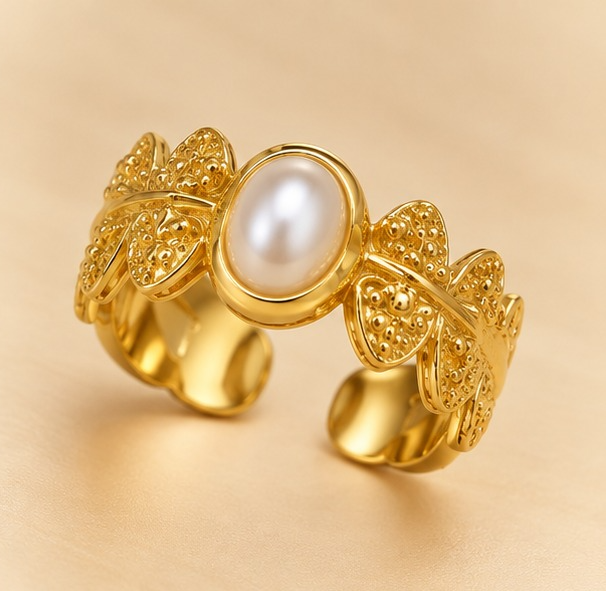 18K Gold-Plated Vintage Pearl Floral Statement Ring