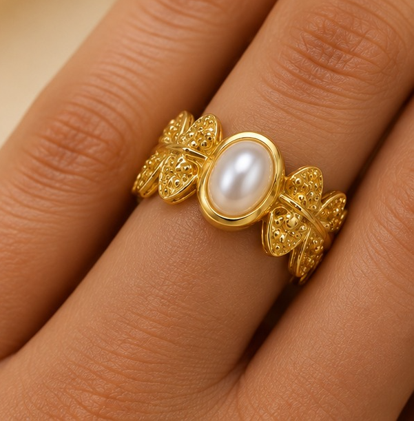 18K Gold-Plated Vintage Pearl Floral Statement Ring