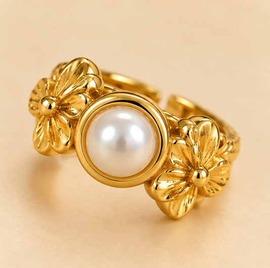 18K Gold-Plated Pearl Blossom Floral Ring
