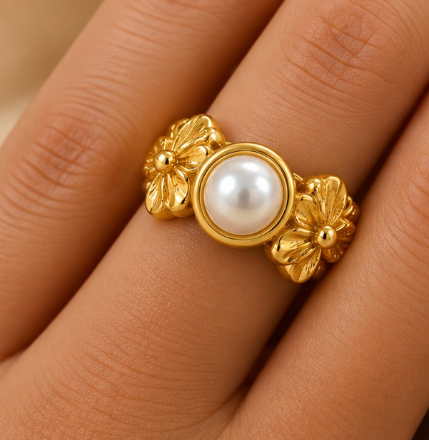 18K Gold-Plated Pearl Blossom Floral Ring