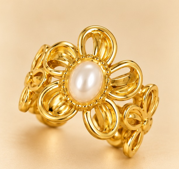 18K Gold-Plated Pearl Bloom Floral Statement Ring