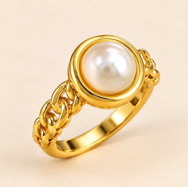 18k Gold Plated Classic Pearl Chain Ring
