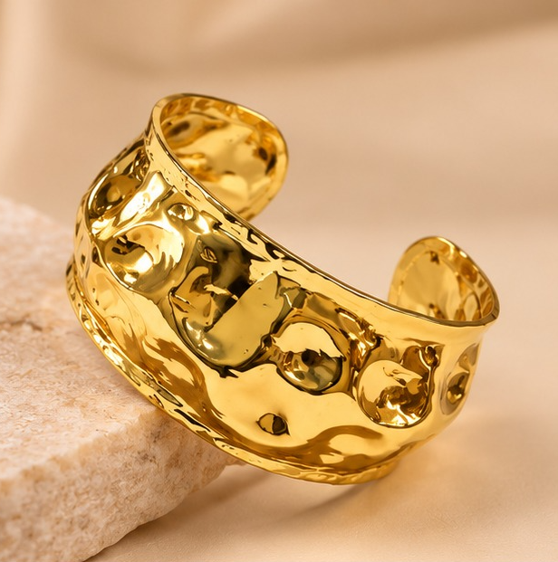 Golden Bold Hammered Texture Wide Adjustable Cuff Bracelet
