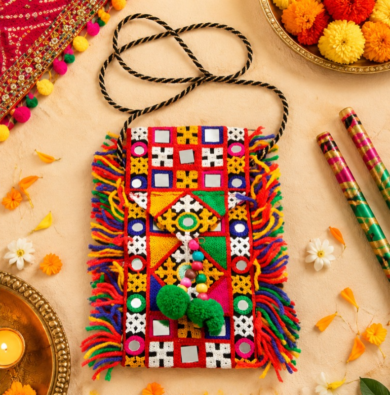Multicolor Mirror Work Navratri Sling Bag with Tassels