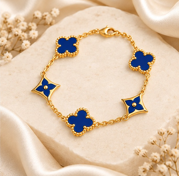 18K Gold Plated Royal Blue Clover Charm Bracelet