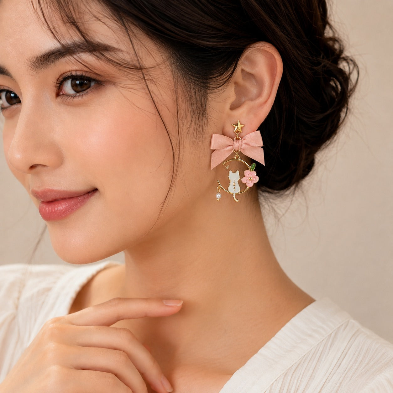 Rosy Cat Charm Earrings