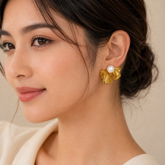 18K Gold Plated Pearl Luxe Ribbon Earrings