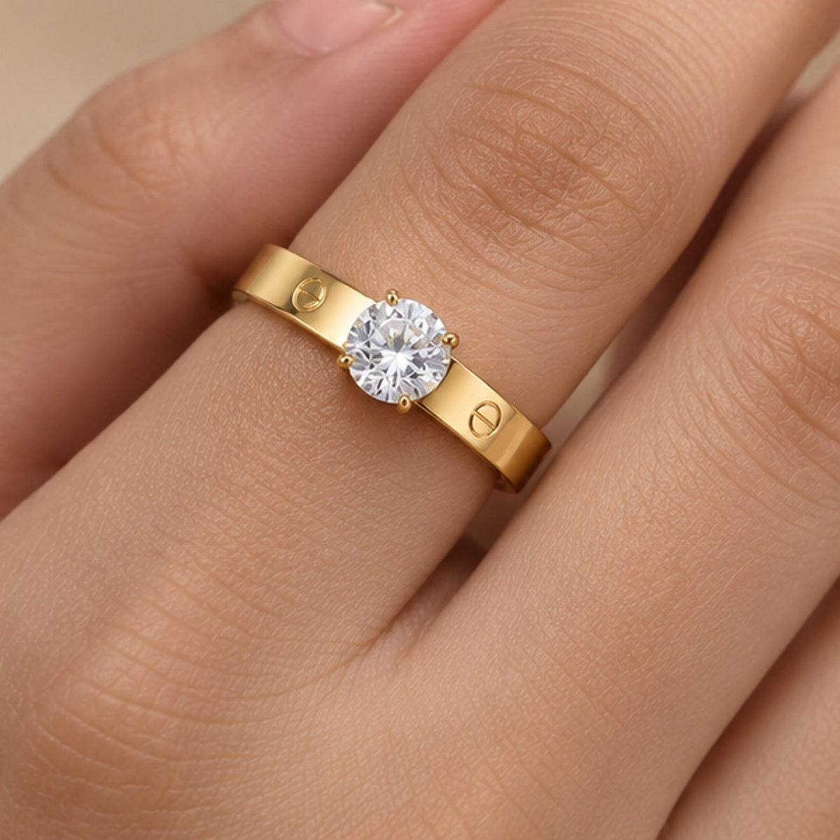 18K Gold-Plated Solitaire Crystal Band Ring