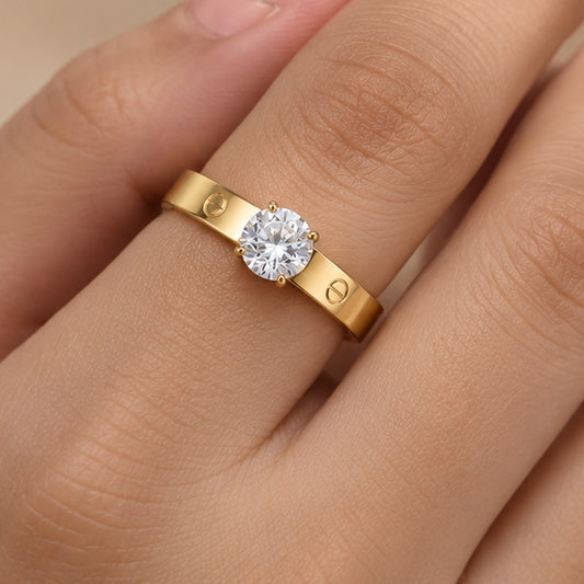 18K Gold-Plated Solitaire Crystal Band Ring