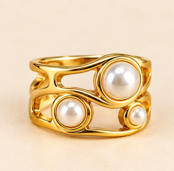 18k Gold Plated Triple Pearl Abstract Ring