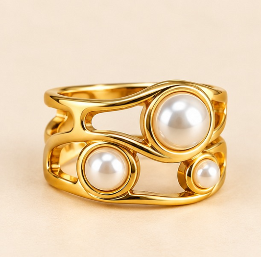 18k Gold Plated Triple Pearl Abstract Ring