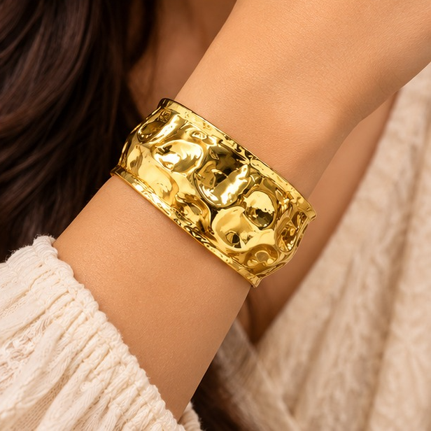 Golden Bold Hammered Texture Wide Adjustable Cuff Bracelet