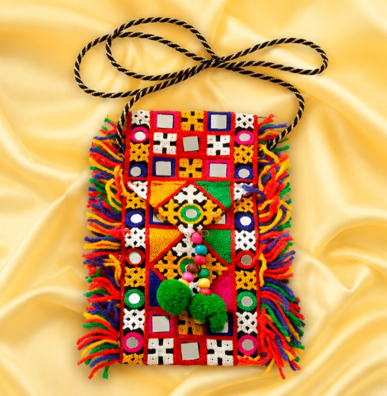 Multicolor Mirror Work Navratri Sling Bag with Tassels