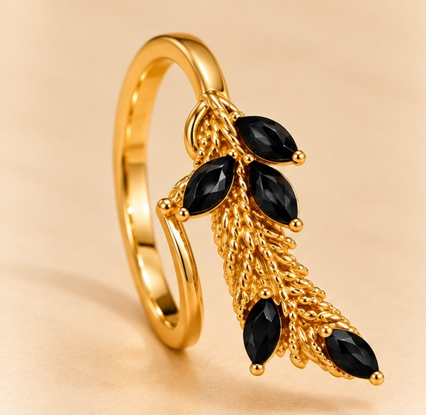 18k Gold Plated Black Onyx Leaf Cascade Ring