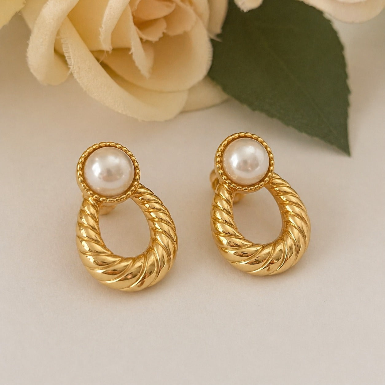 18K Gold Plated Elegant Pearl Twist Drop Earrings