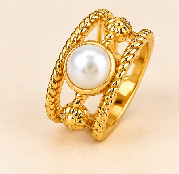 18k Gold Plated Royal Pearl Rope Ring