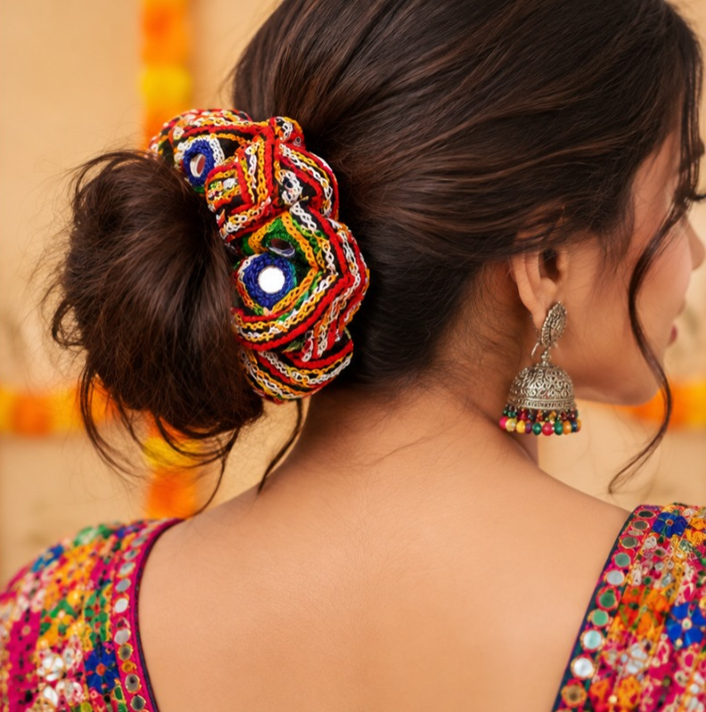 Multicolor Mirror Work Embroidered Hair Scrunchie
