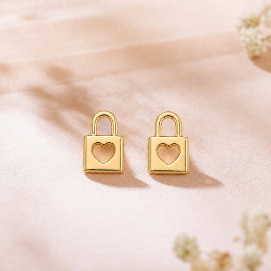 18K Gold Plated Heart Lock Charm Earrings