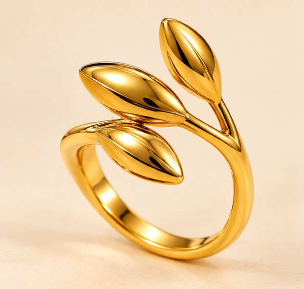 18K Gold Plated Triple Leaf Botanical Adjustable Ring