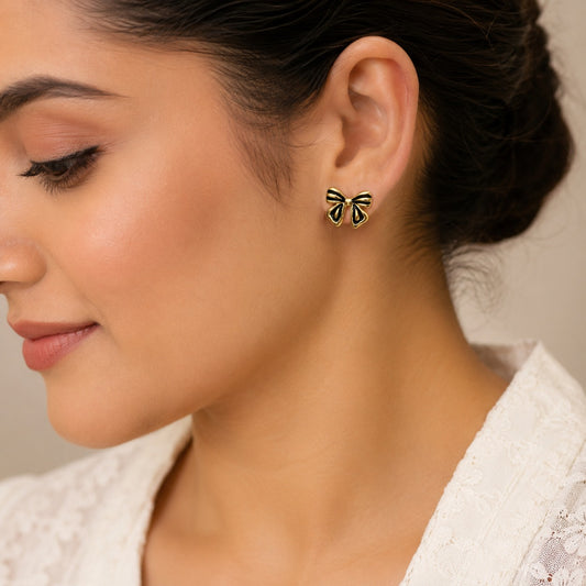 18K Gold Plated Black & Gold Ribbon Studs Earring