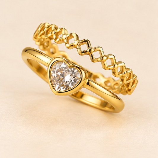 18k Gold Plated Heart Sparkle Double Band Ring