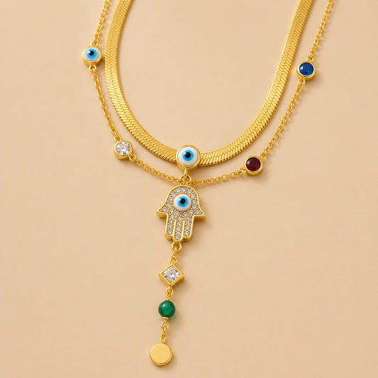 Golden Hamsa Evil Eye Layered Necklace