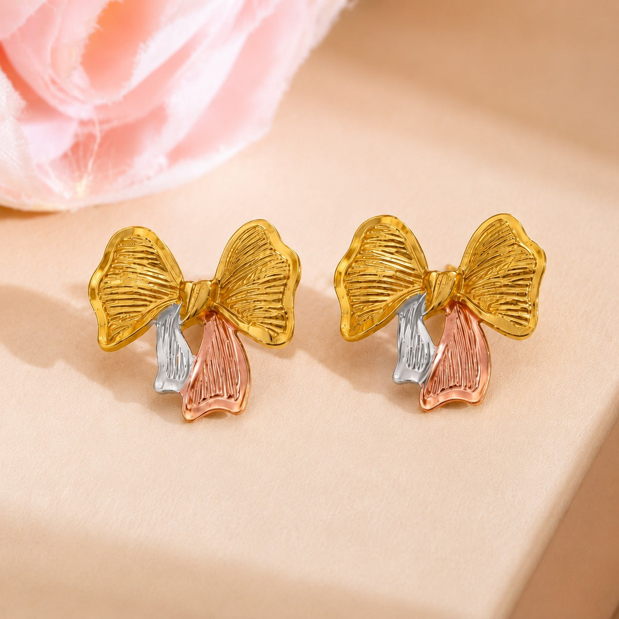18K Gold Plated Tricolor Bow Charm Earrings