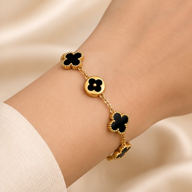 18K Gold Plated Black Clover Charm Bracelet