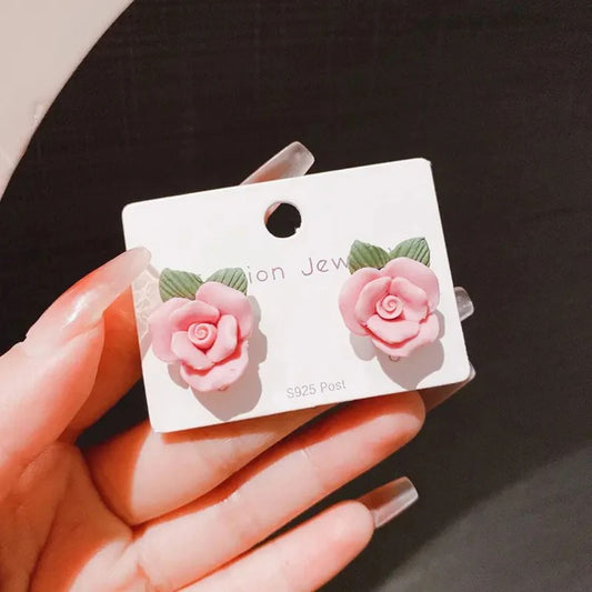 French Style Cute Camellia Flower Stud Earrings