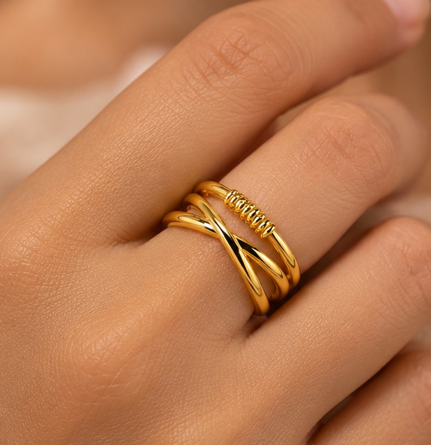 18K Gold Plated Criss Cross Layered Ring