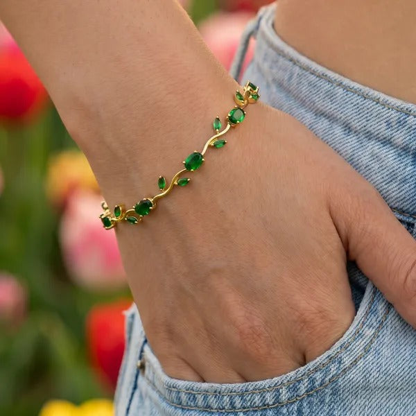18K Gold Plated Emerald Green Tulip Vine Bracelet