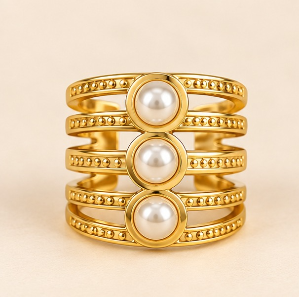 18k Gold Plated Triple Pearl Layered Ring