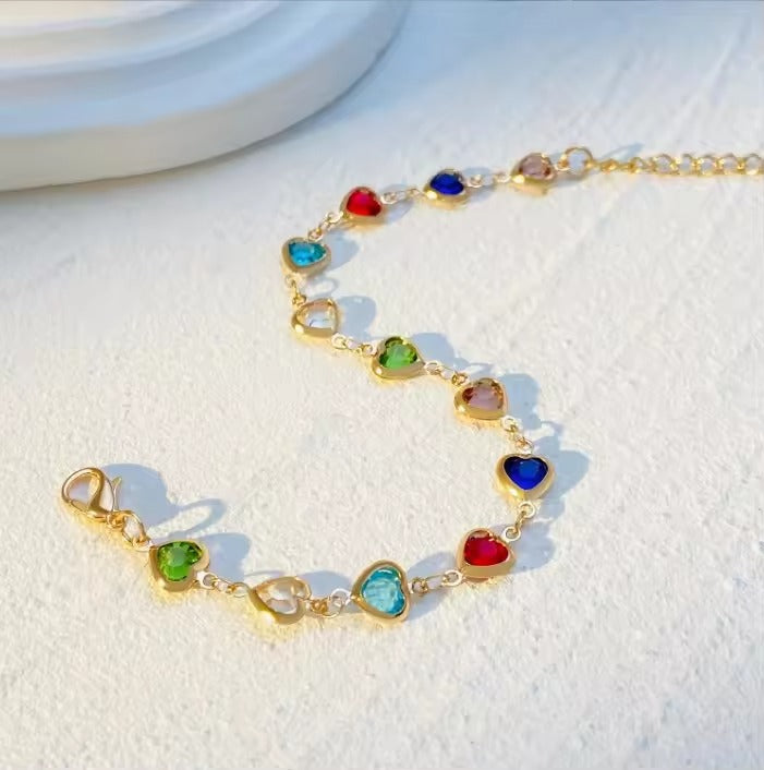 18K Gold Plated Multi-Color Heart Stone Bracelet