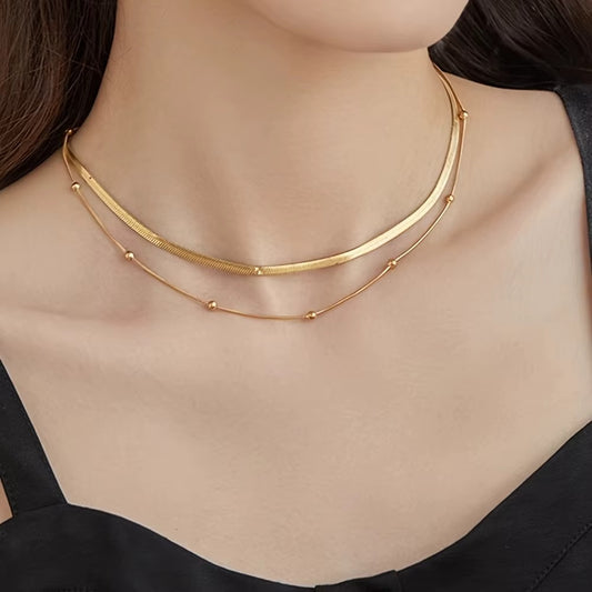 18k  Gold Double-Layered Alloy Round Bead Snake Chain Necklace