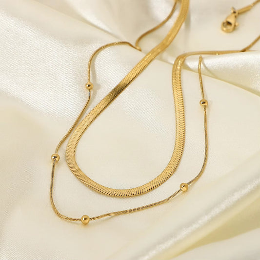 18k  Gold Double-Layered Alloy Round Bead Snake Chain Necklace