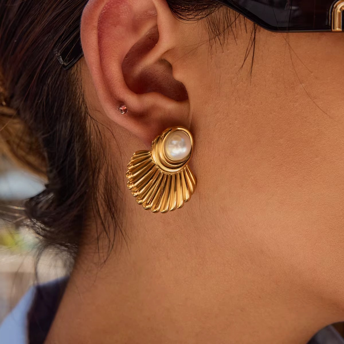 18K Gold Plated Half-sided Pearl Earrings