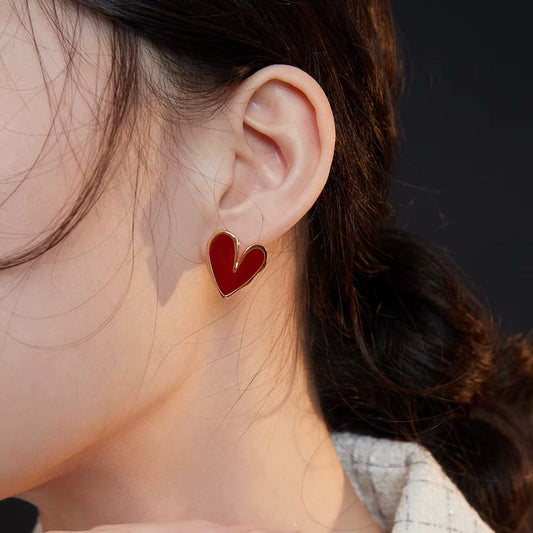 Red Enamel Heart Earrings 3D Folded Studs Earring