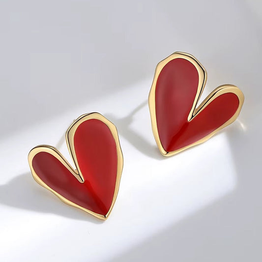 Red Enamel Heart Earrings 3D Folded Studs Earring