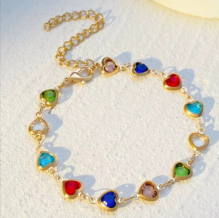 18K Gold Plated Multi-Color Heart Stone Bracelet