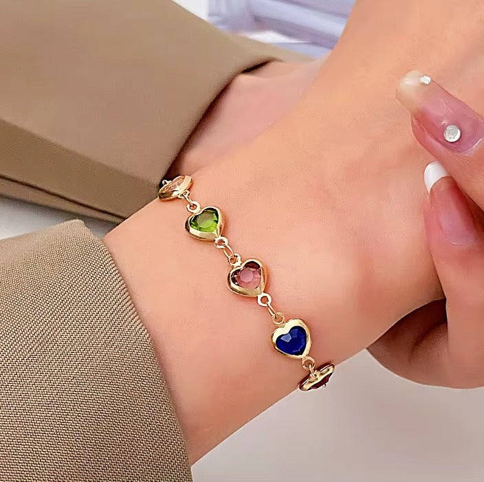 18K Gold Plated Multi-Color Heart Stone Bracelet