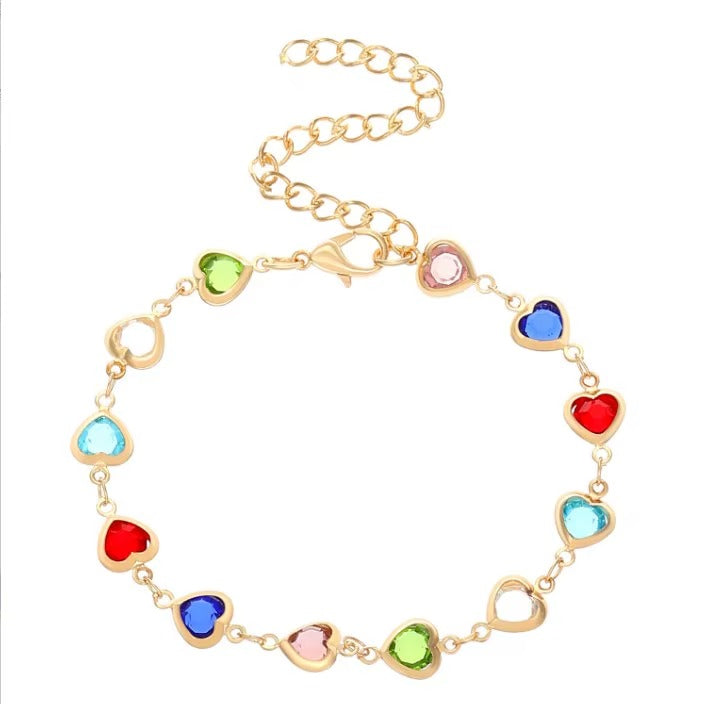 18K Gold Plated Multi-Color Heart Stone Bracelet