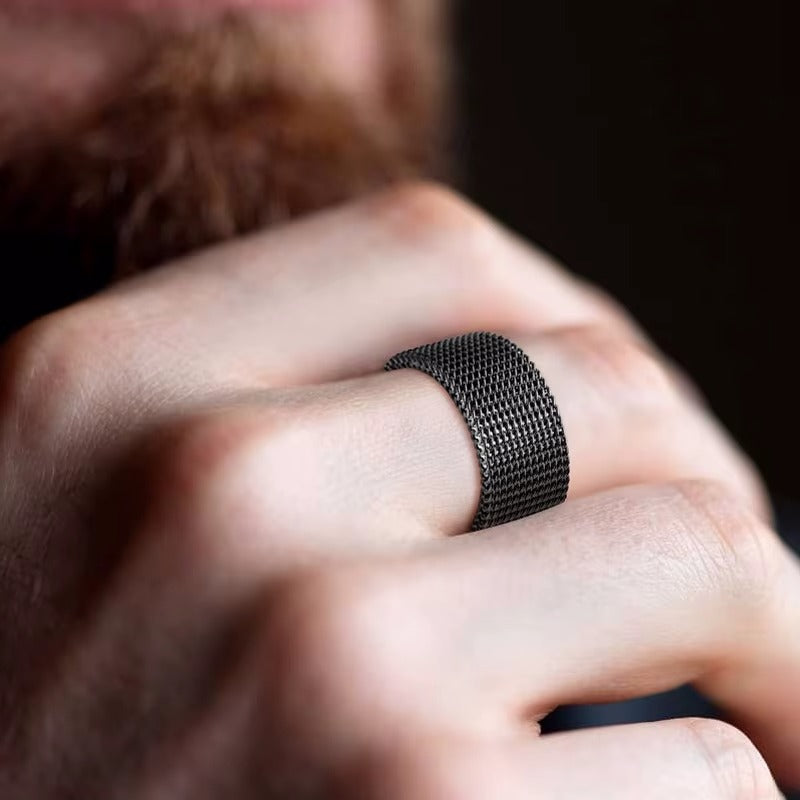 Mens Modern Stainless Steel Mesh Band Ring