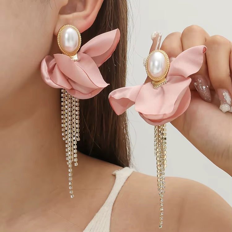 Pink Fabric Flower Crystal Tassel Earrings
