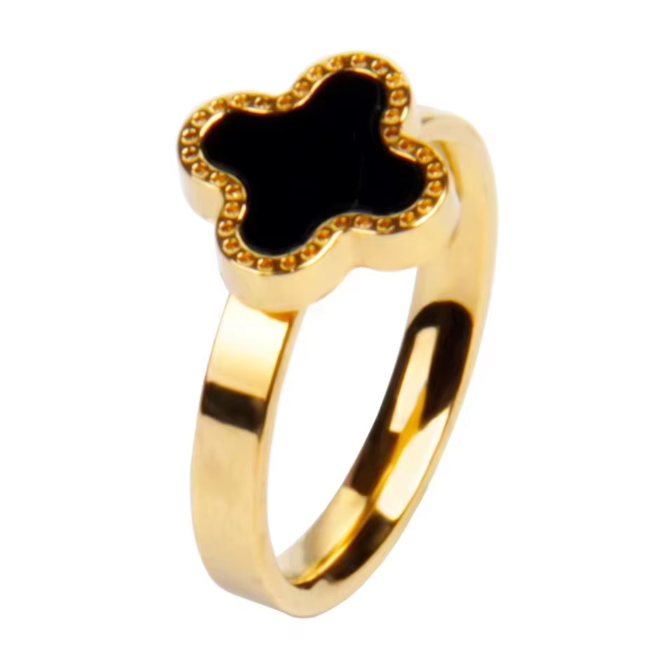 18k Gold Plated Black Clover Charm Ring