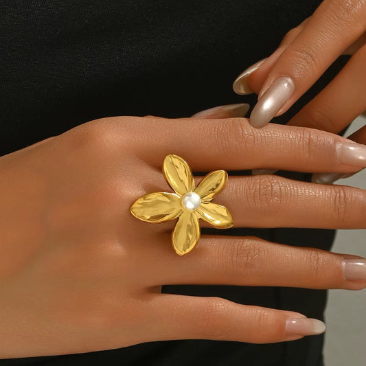 18K Gold Plated Women Pearl Flower Ring