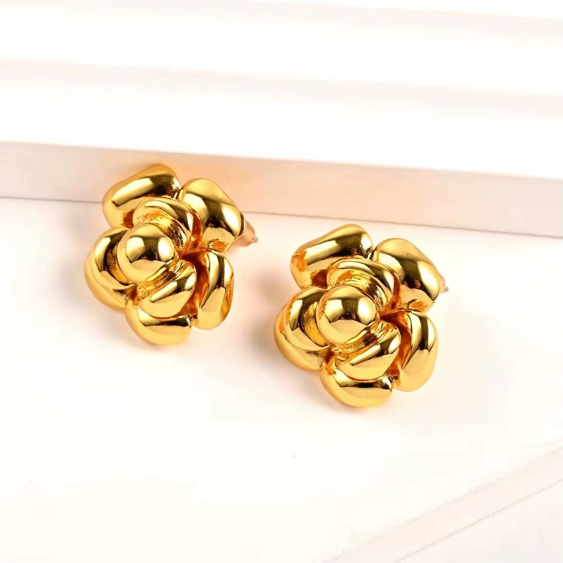 Chunky Huge Rose Camellia Flower Stud Earrings