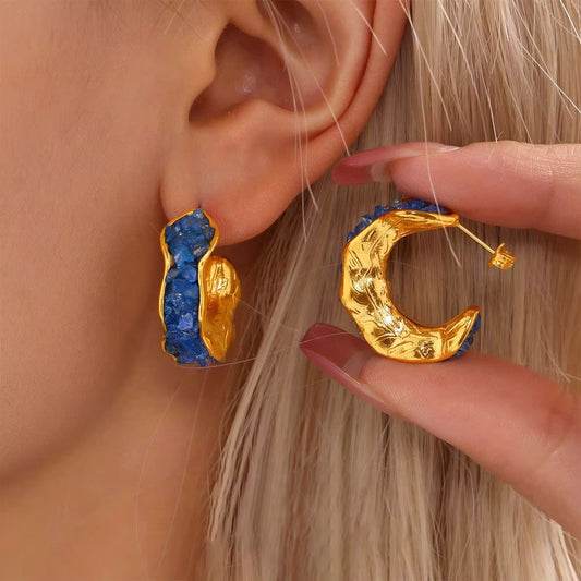 Stainless Steel Crystal Stone C-shaped Earrings